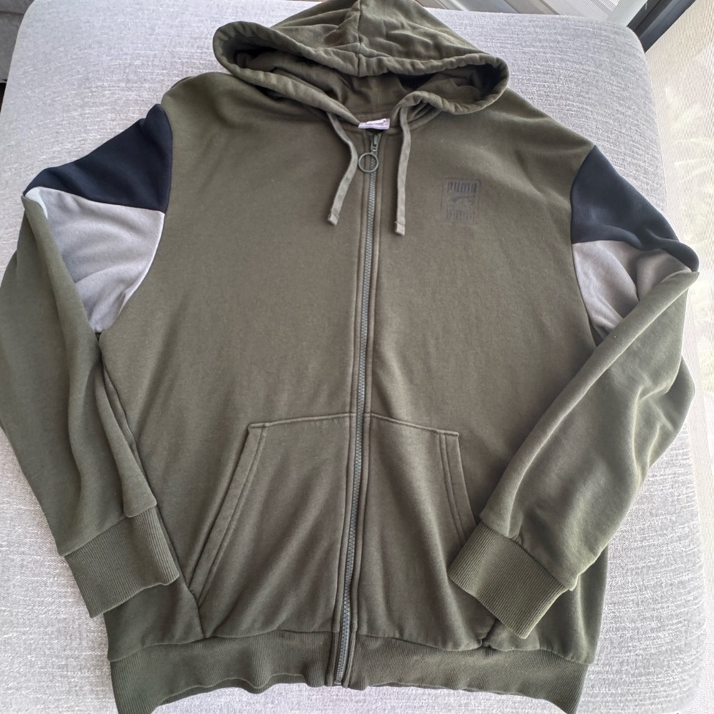 Puma Men's Zip-Up Hoodie in Olive with Black and Gray Accents